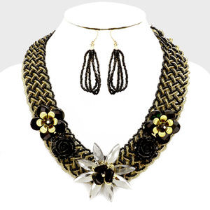 black and Gold Braided Glass seed Bead flower Set